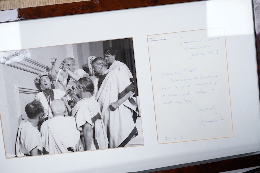 Six framed autographs and letters; including a letter from Kenneth Williams on headed notepaper dated 1971, together with another Williams signed photograph, a signed photograph of Clive Dunn, dated February ‘87, a signe